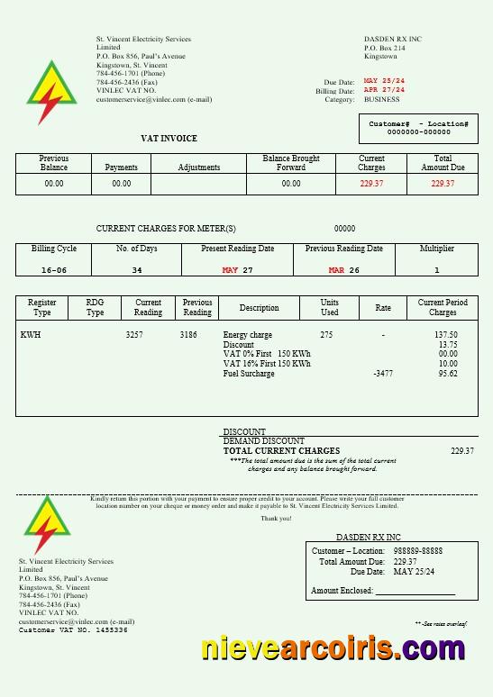 Saint Vincent and the Grenadines St. Vincent Electricity Services Limited busienss utility bill